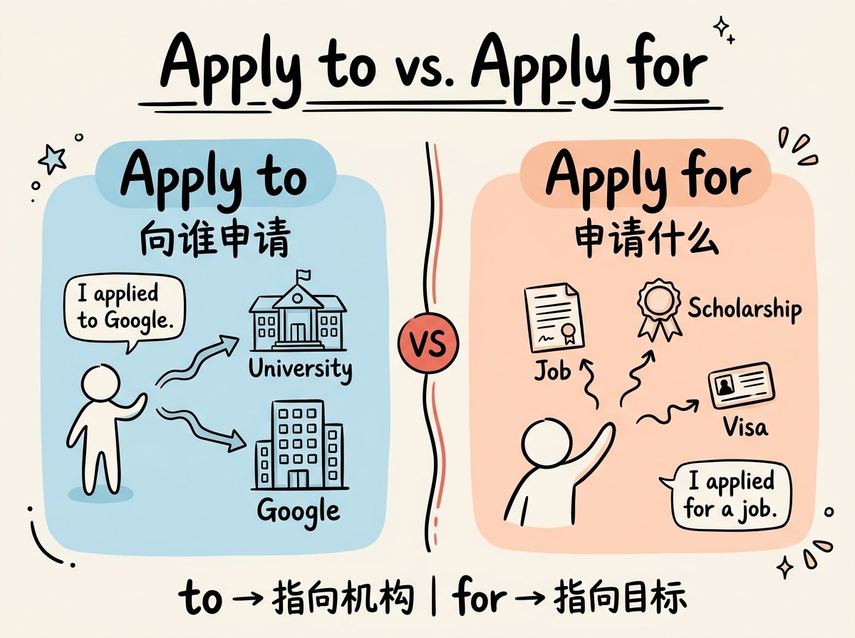 Apply to vs. Apply for 对比图：apply to 指向机构/公司/学校，apply for 指向岗位/奖学金/签证