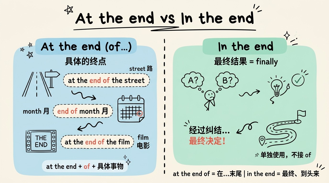 At the end vs In the end 核心区别对比图：at the end of 指具体时间空间终点，in the end 指最终结果
