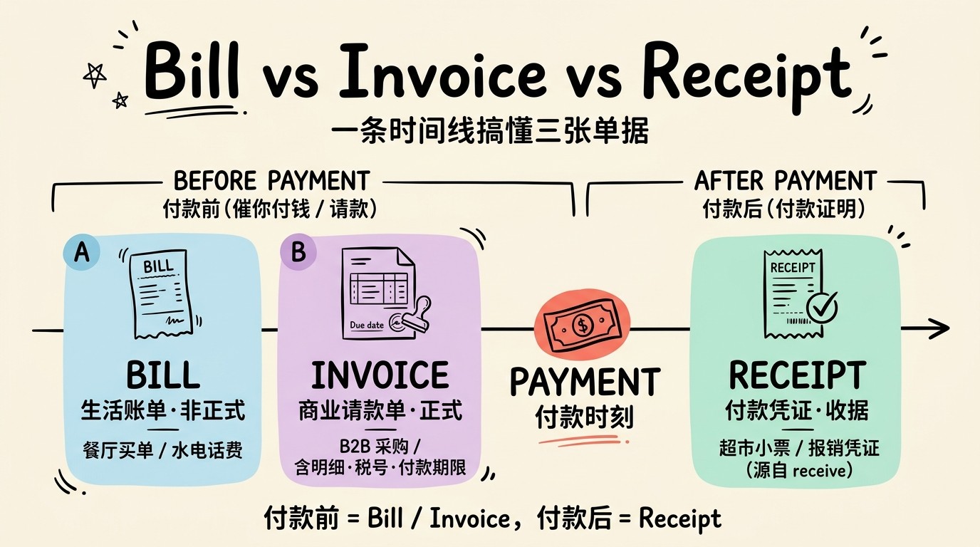 Bill vs Invoice vs Receipt 付款时间线对比图：付款前用 Bill（生活）或 Invoice（商业）催款，付款后用 Receipt 作为付款凭证