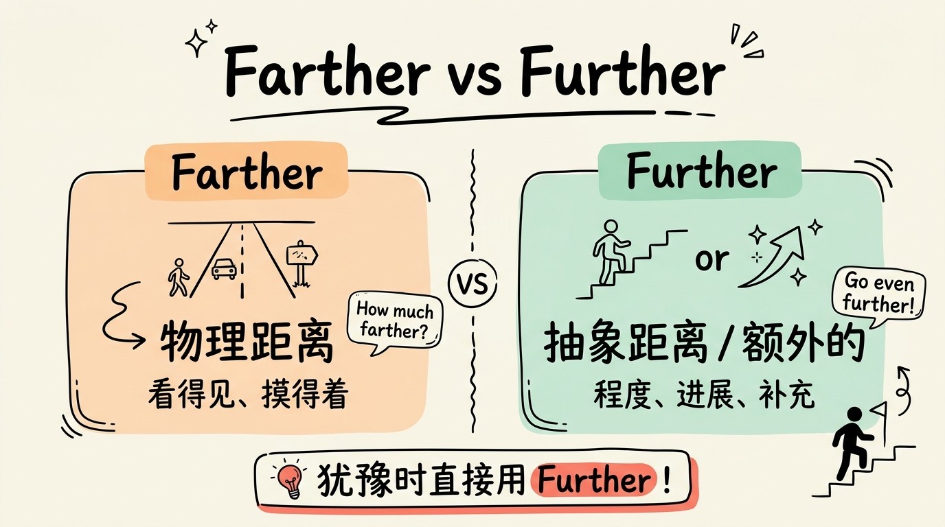 Farther vs Further 核心区别对比图：Farther 用于物理距离（看得见、摸得着、可测量），Further 用于抽象距离（程度、进展）和额外的/进一步的含义