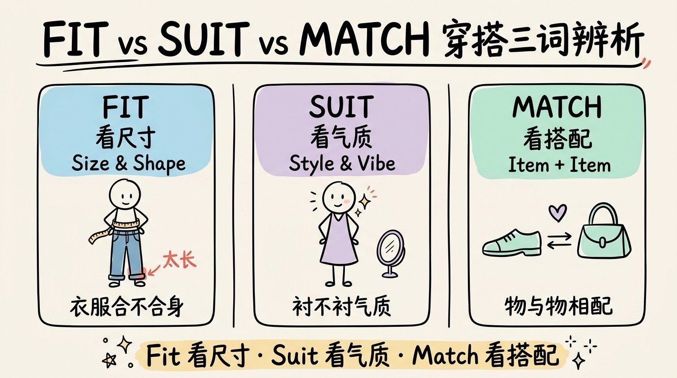 Fit vs Suit vs Match 三词辨析对比图：fit 看尺寸合身、suit 看气质衬人、match 看物品搭配