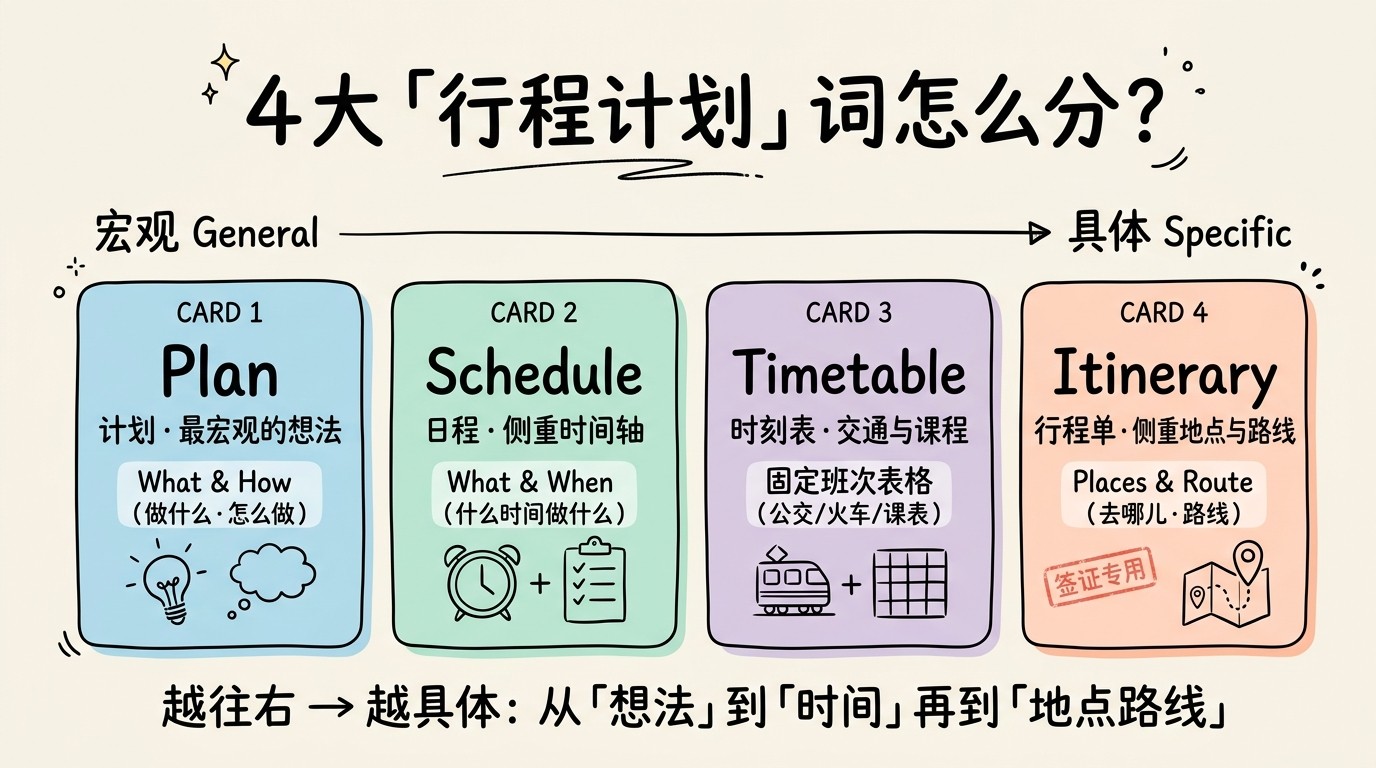 4大'行程计划'词对比：Plan / Schedule / Timetable / Itinerary 的具体程度与侧重点差异