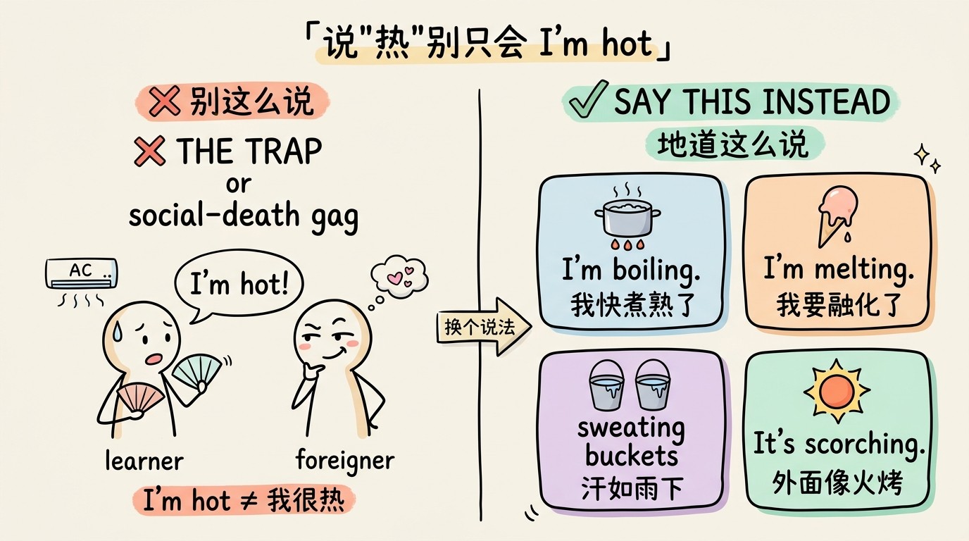 别说 I'm hot，该这么说：boiling 快被煮熟、practically melting 快融化、sweating buckets 汗如雨下、scorching 火烤一样