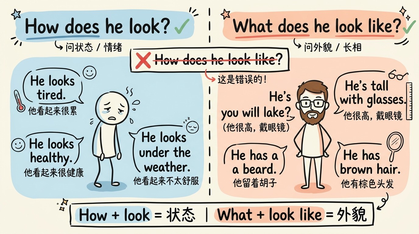 How does he look vs What does he look like 核心区别对比：How does he look 问状态情绪，What does he look like 问外貌特征