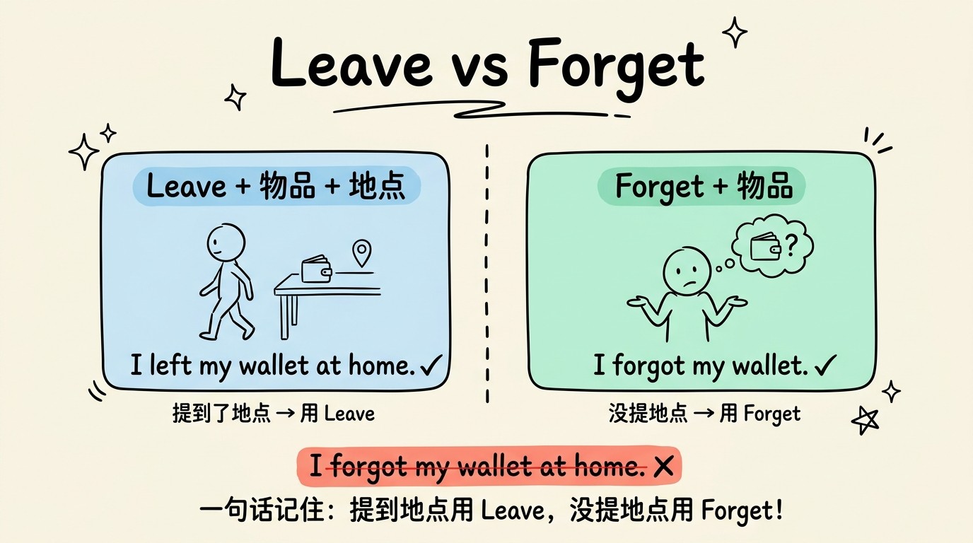 Leave vs Forget 用法对比图：提到具体地点时用 Leave（如 I left my wallet at home），没提地点时用 Forget（如 I forgot my wallet）