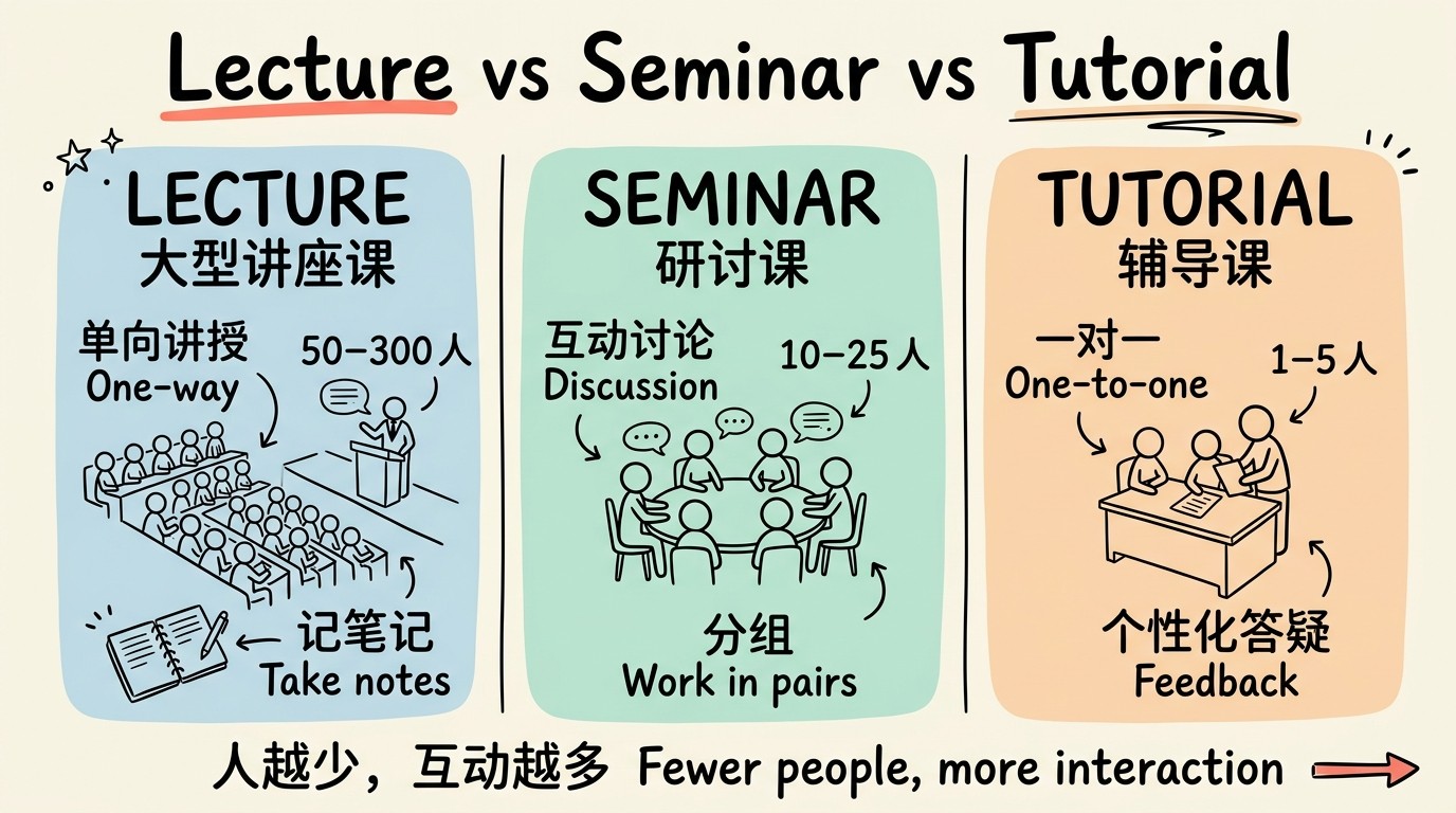 Lecture、Seminar、Tutorial 三种授课形式对比图：Lecture 大型讲座单向讲授、Seminar 研讨课群体讨论、Tutorial 辅导课一对一答疑