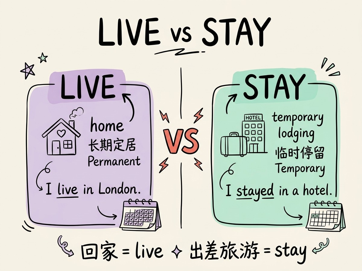 LIVE vs STAY 对比图：live表示长期定居（家、城市、国家），stay表示临时停留（酒店、Airbnb、朋友家）