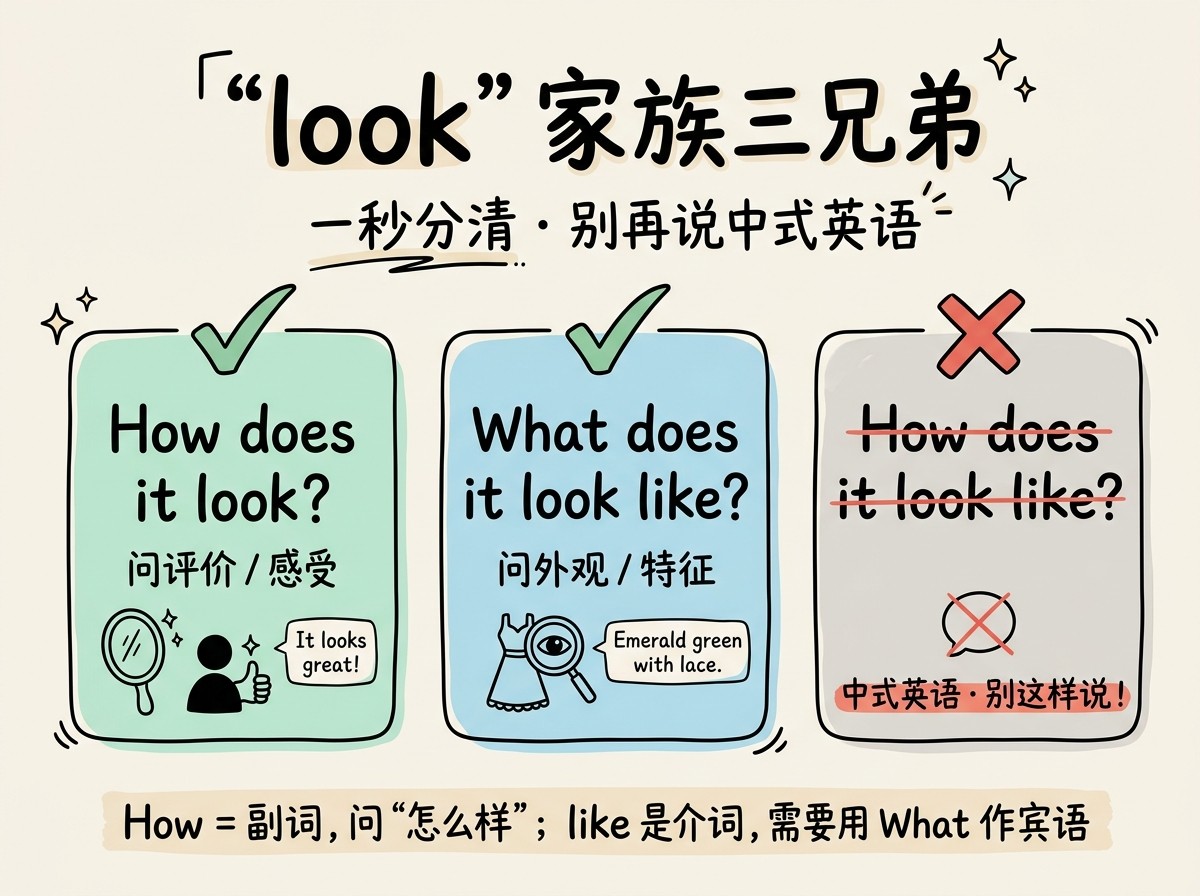 look 家族三兄弟对比图：一秒分清 How does it look? / What does it look like? / How does it look like? 三种问法的对错与用途