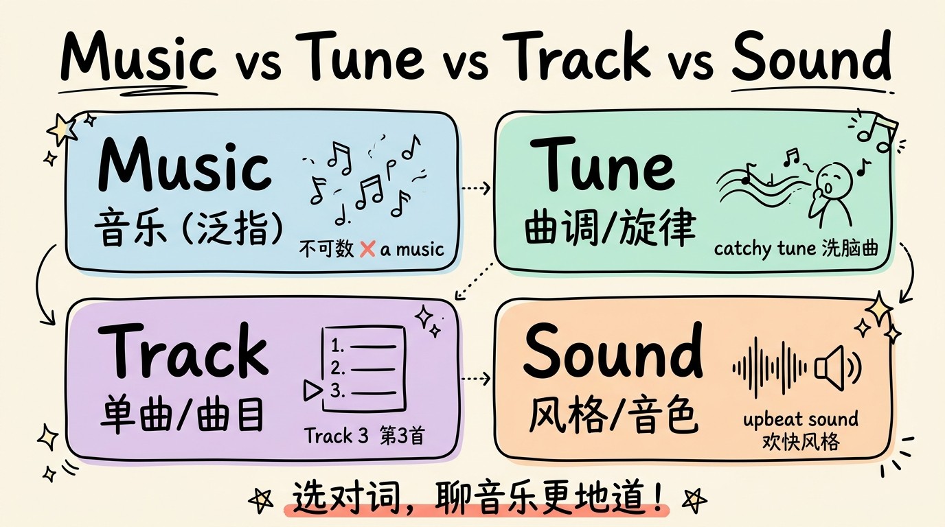 Music vs Tune vs Track vs Sound 四词对比辨析视觉词汇图：Music 泛指音乐艺术、Tune 曲调旋律、Track 单曲音轨、Sound 风格音色