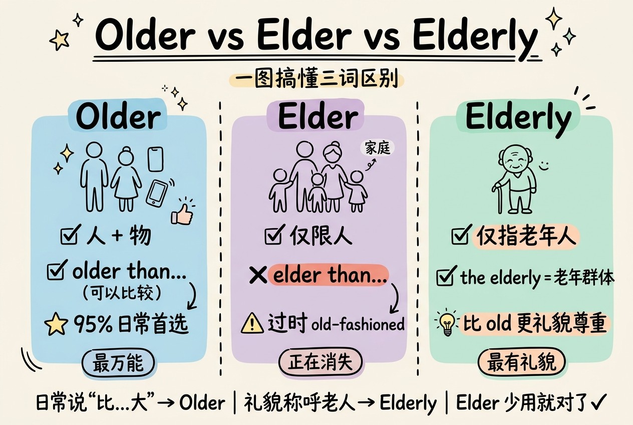 Older vs Elder vs Elderly 一图搞懂三词区别：Older 最万能可修饰人和物、Elder 家庭专属词较古板、Elderly 最礼貌的老年人尊称