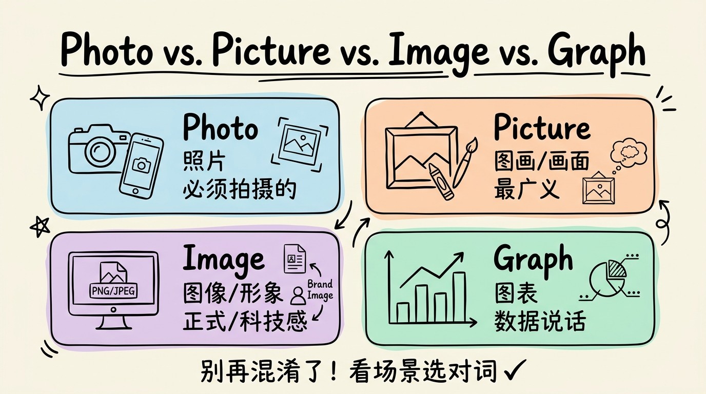 Photo vs. Picture vs. Image vs. Graph 四词对比速查卡片：Picture 最通用的图像/图画、Photo 特指相机拍的照片、Image 偏正式/科技感的图像、Graph 数据图表