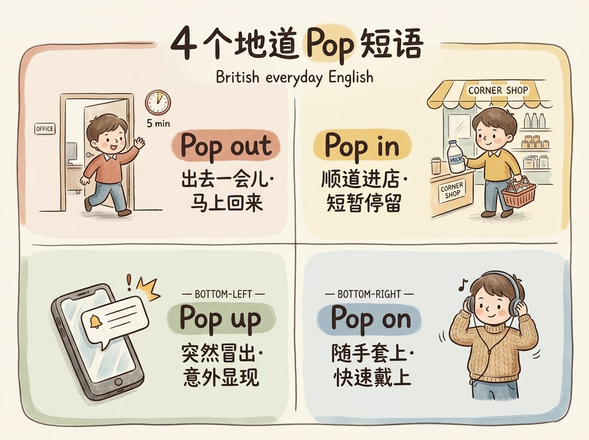4 个地道 Pop 短语对比图：pop out 出去一会儿、pop in 顺道进去、pop up 突然冒出、pop on 随手套上