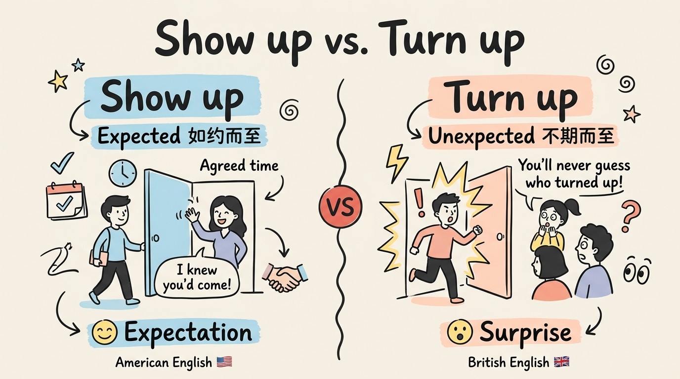 Show up vs. Turn up 核心区别对比：Show up 如约而至（Expected），Turn up 不期而至（Unexpected）