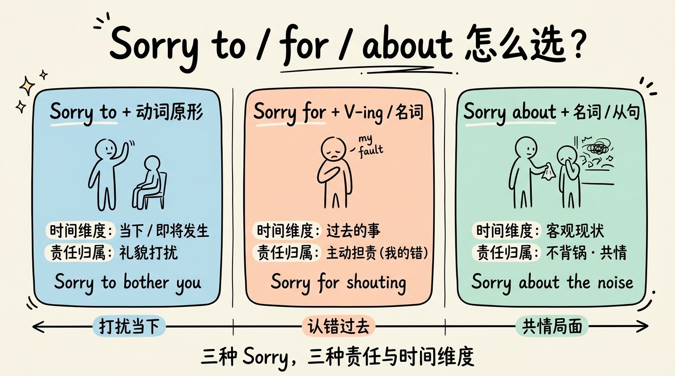Sorry to / for / about 三者在时间维度与责任归属上的对比图：sorry to 当下礼貌打扰、sorry for 过去主动担责、sorry about 共情不背锅