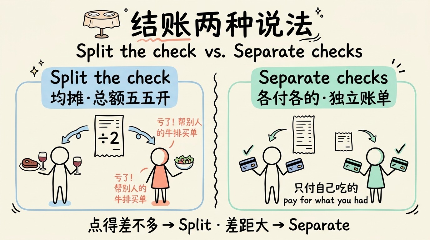 Split the check vs. Separate checks 结账两种说法对比图：均摊总额与各付各的