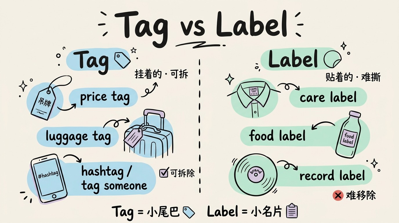 Tag vs Label 核心区别对比信息图(infographic)：Tag 悬挂/系在物品上（价格吊牌、行李牌），Label 粘贴/缝制/印刷在物品上（水洗标、食品标签）- 英语近义词辨析