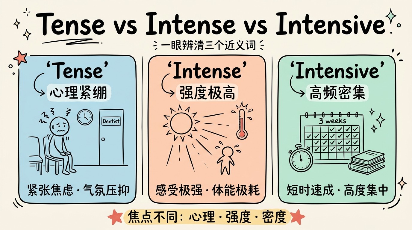Tense vs Intense vs Intensive 三栏对比图：tense 心理紧绷、intense 强度极高、intensive 高频密集