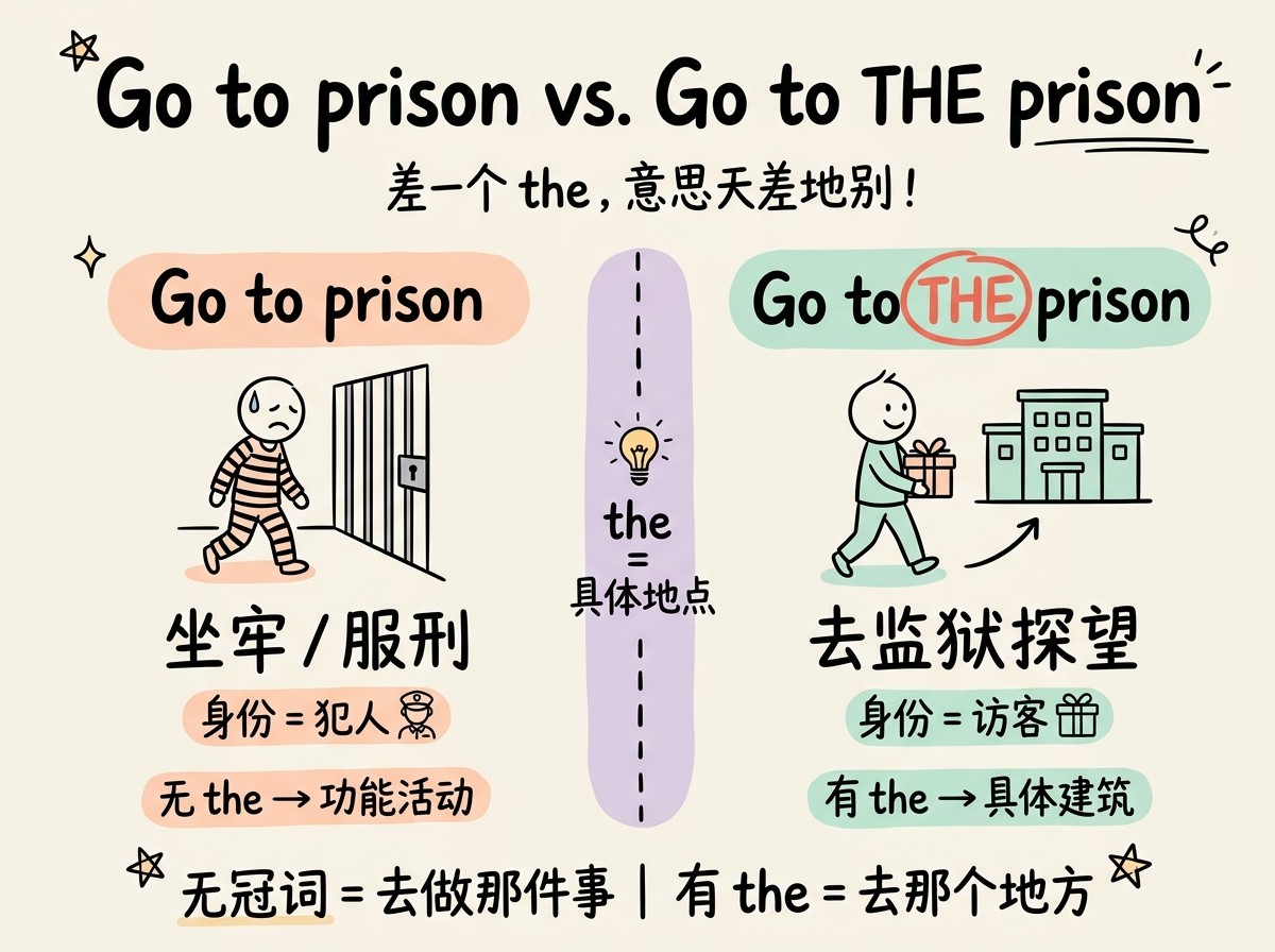 Go to prison vs. Go to THE prison — 有无the含义对比：不加the表示功能性活动，加the表示去具体建筑物