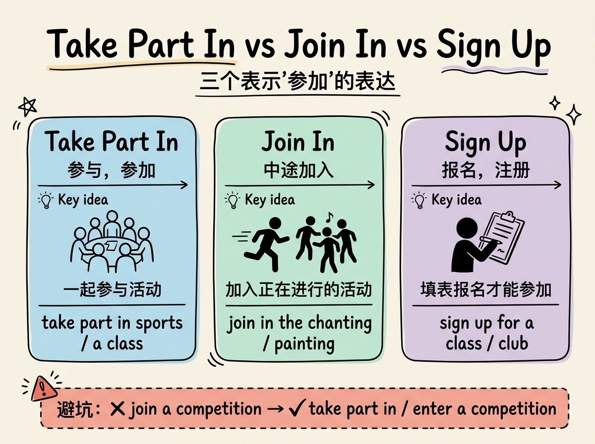 Take Part In vs Join In vs Sign Up 三个表示