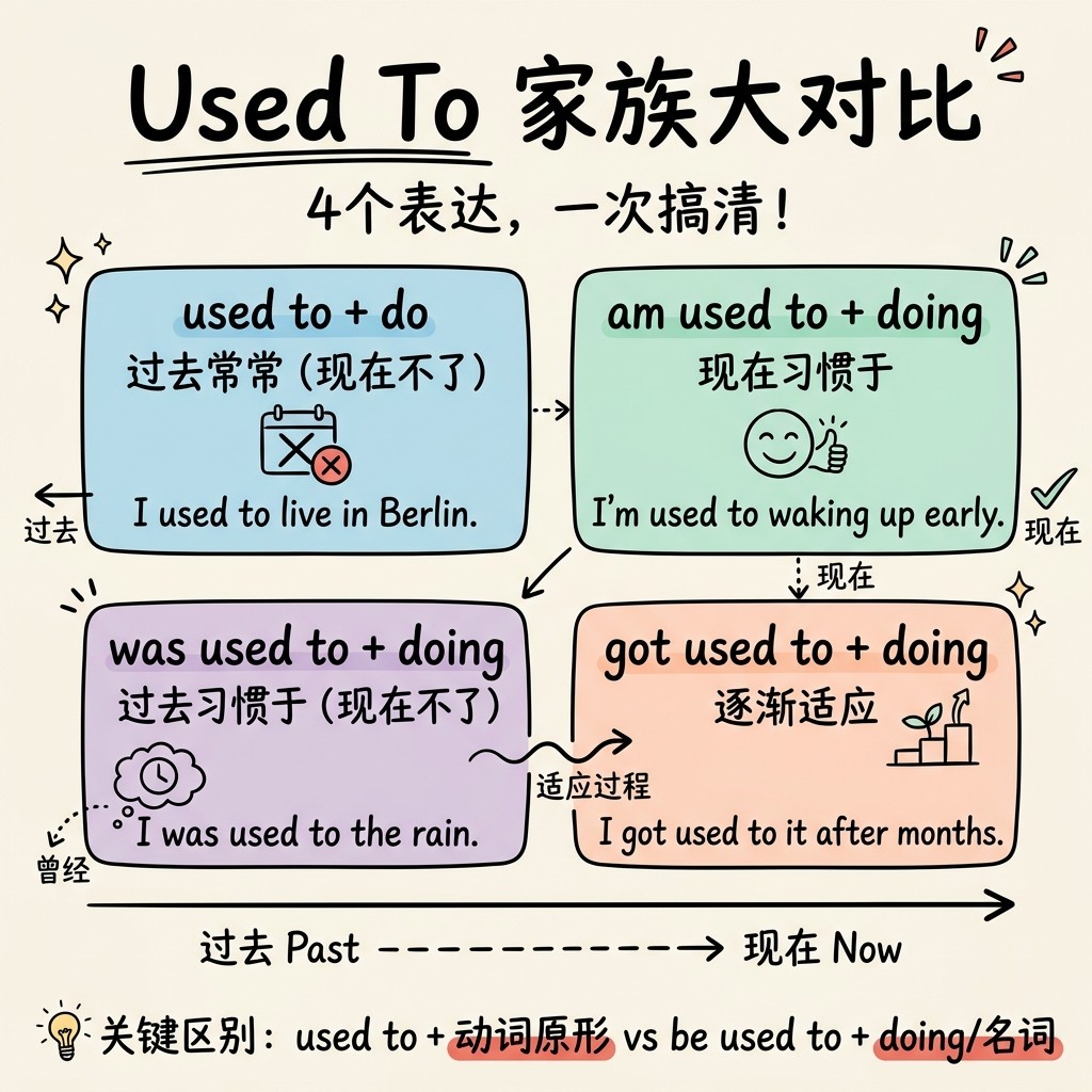 Used To 家族大对比 - 4个表达一次搞清：I used to do 过去常常、I am used to 现在习惯于、I was used to 过去习惯于、I got used to 逐渐适应
