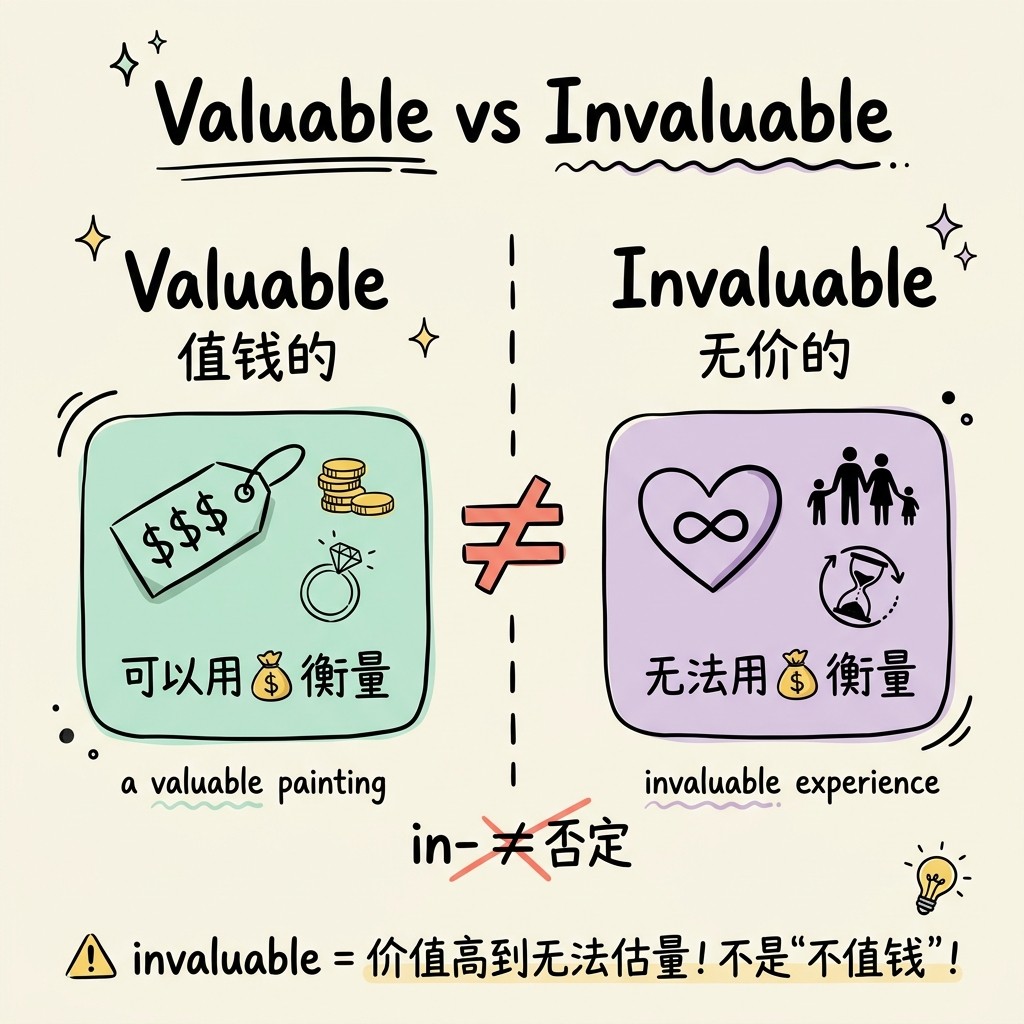 Valuable vs Invaluable 两个表示'价值'的形容词对比：Valuable 值钱的/有用的，Invaluable 无价的/无法估量的