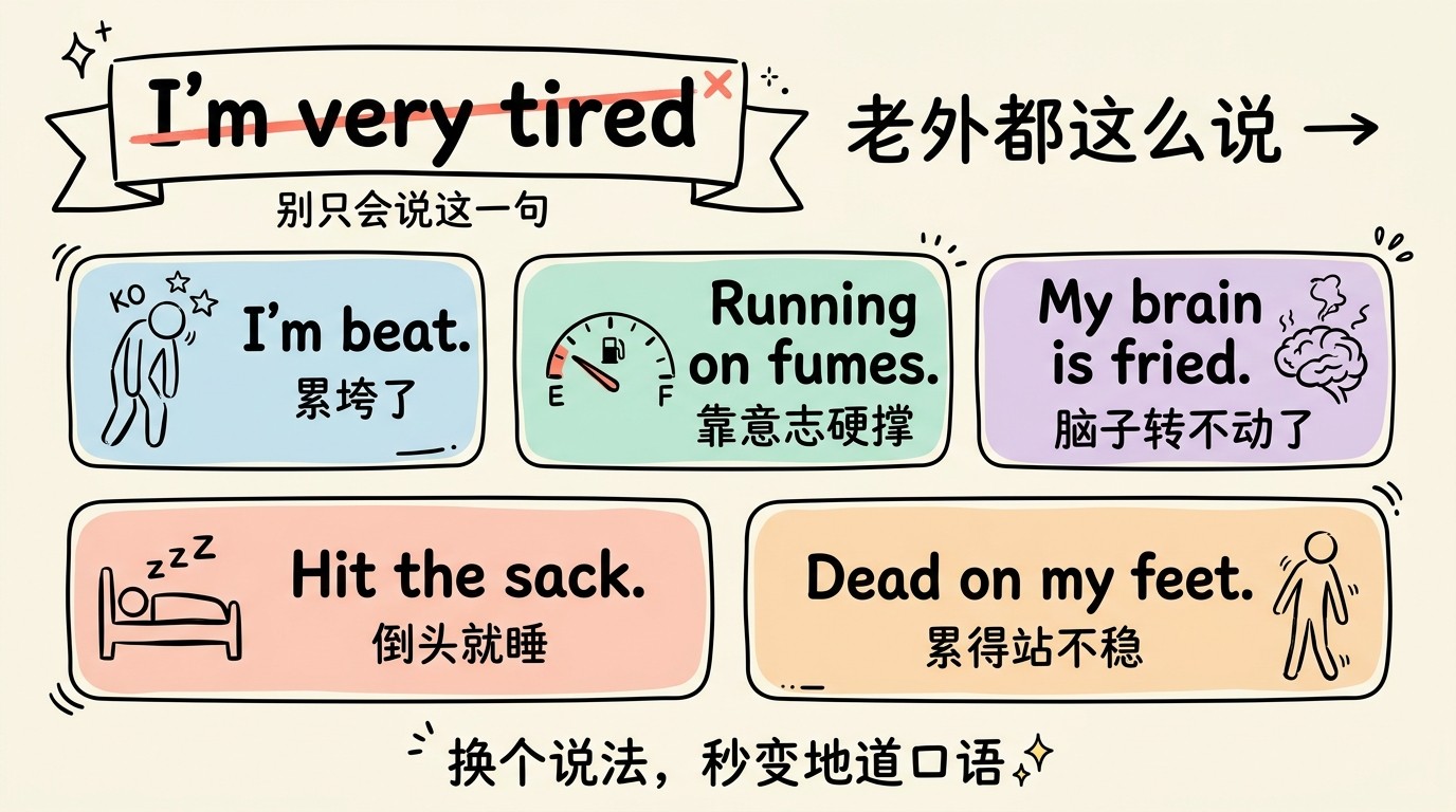 告别 I'm very tired：worn out、beat、pooped、spent、running on fumes 等5个地道疲惫替代表达对比图