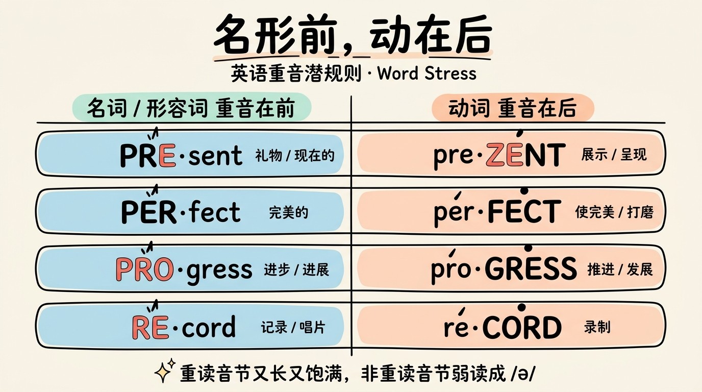 名形前动在后：present、perfect、progress、record 名词动词重音位置对比图