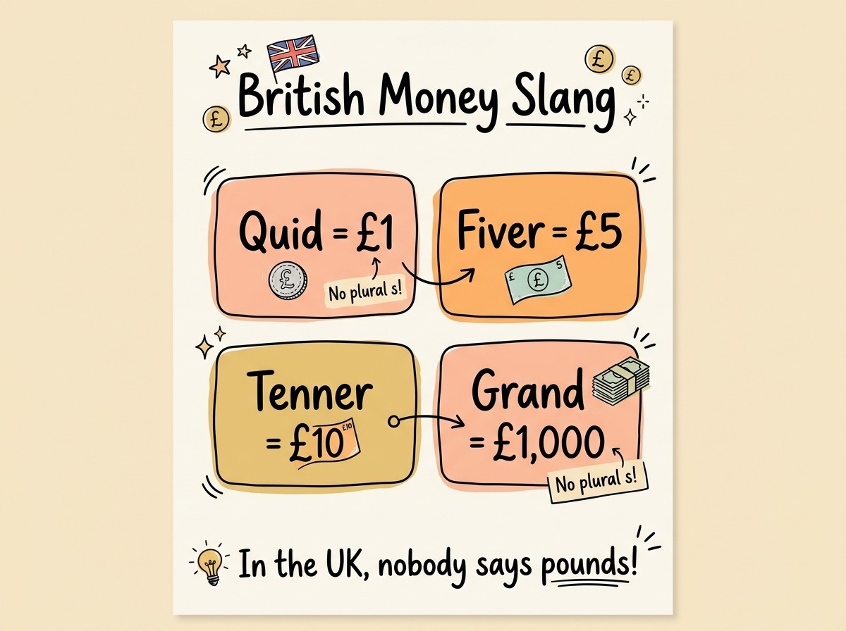 英式金钱俚语视觉词汇图：Quid 英镑、Fiver 五镑纸钞、Tenner 十镑纸钞、Grand 一千镑