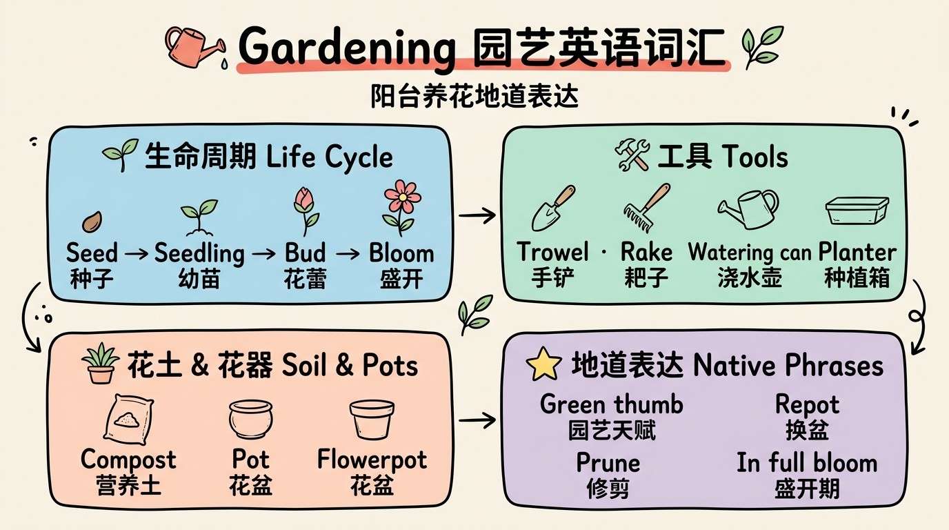 Gardening 园艺英语词汇总览：生命周期、工具、花土花器、地道表达四大场景