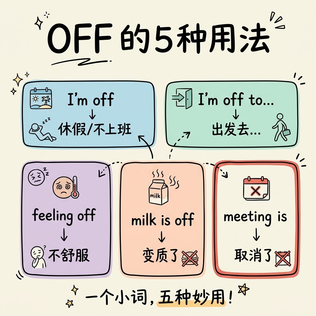 Off的5种地道用法视觉词汇图：休假 not working、出发 go to a place、不舒服 feel ill、变质 spoilt、取消 cancelled