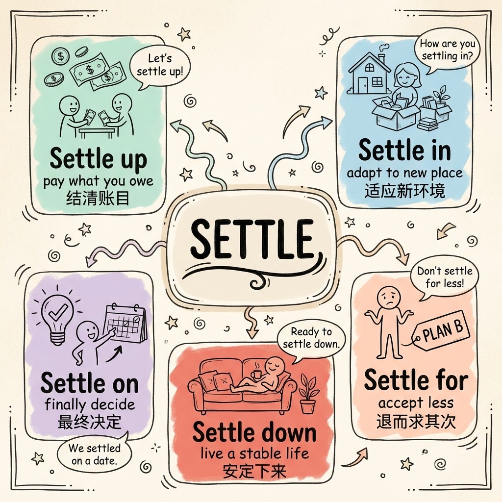 5个 Settle 短语动词视觉词汇图：settle in 适应新环境、settle for 退而求其次、settle on 最终决定、settle up 结清账目、settle down 安定下来