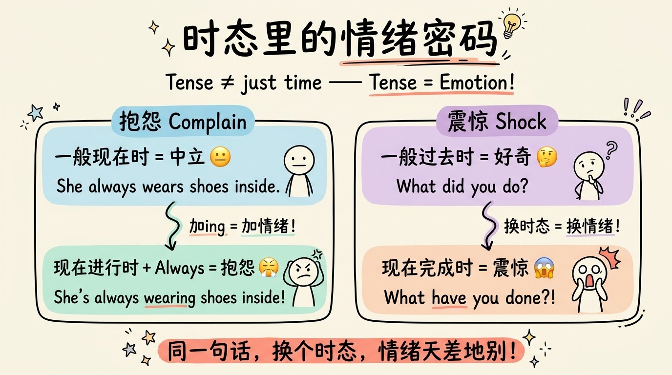 时态里的情绪密码：一般现在时=中立 vs 现在进行时+Always=抱怨；一般过去时=好奇 vs 现在完成时=震惊